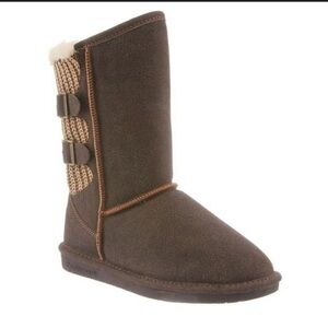 BearPaw Boshie Chestnut Brown  Distressed Leather Knit  Booties Women’s size 7